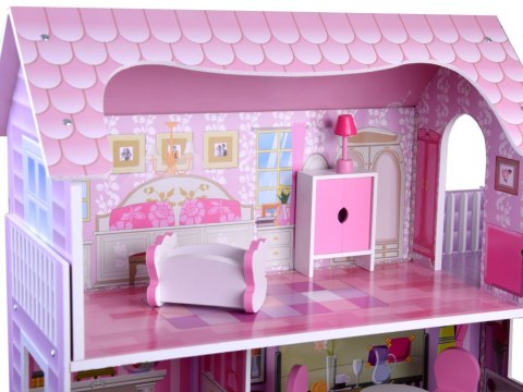 RÓŻOWY Drewniany domek dla lalek + mebelki + oświetlenie LED ZA4130