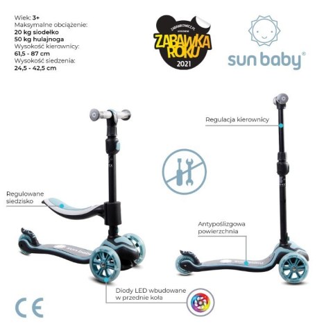 Rowerek biegowy hulajnoga deskorolka Flash 3 w 1 z kołami LED - pastelowy niebieski