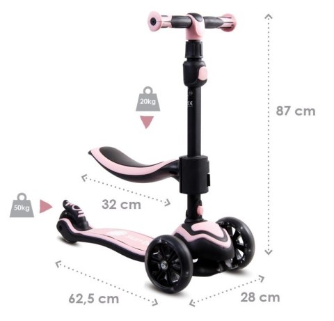 Rowerek biegowy hulajnoga deskorolka Flash 3 w 1 z kołami LED - pudrowy róż