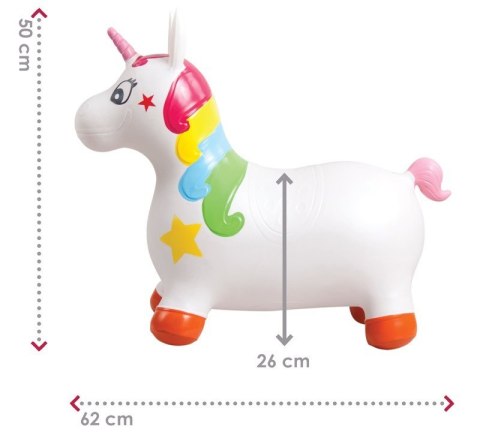 Skoczek gumowy dla dzieci JEDNOROŻEC 60 cm biały z kolorem do skakania z pompką