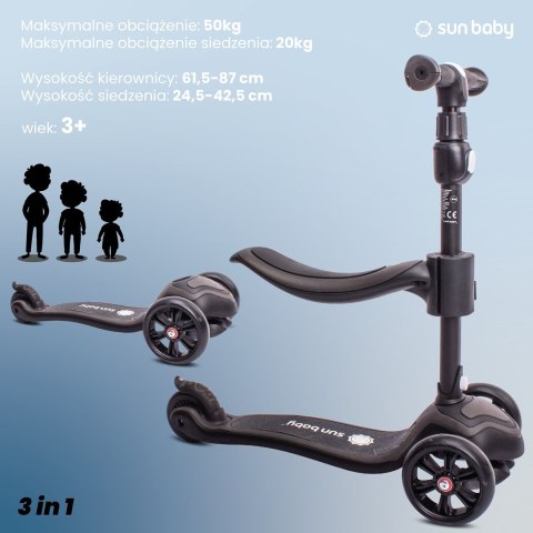 Rowerek biegowy hulajnoga deskorolka Flash 3 w 1 z kołami LED - czarny