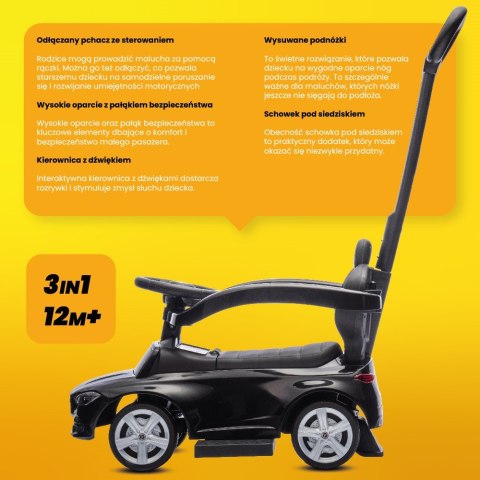 Jeździk pchacz chodzik dla dziecka Mercedes C-Class z popychaczem i podnóżkiem czarny