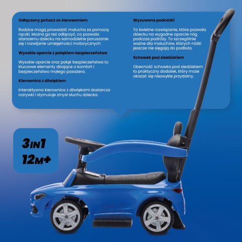 Jeździk pchacz chodzik dla dziecka Mercedes C-Class z popychaczem i podnóżkiem niebieski