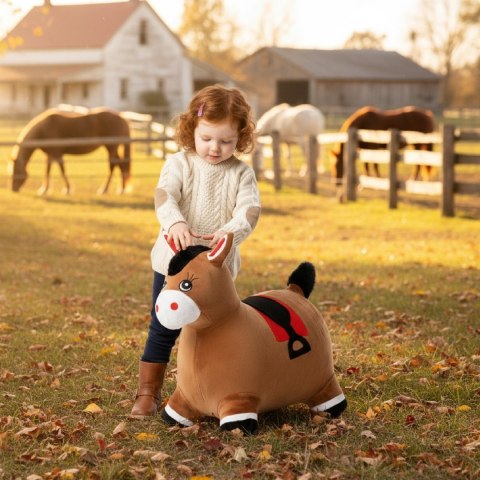 Skoczek pluszowy gumowy dla dzieci KONIK brązowy do skakania z pompką
