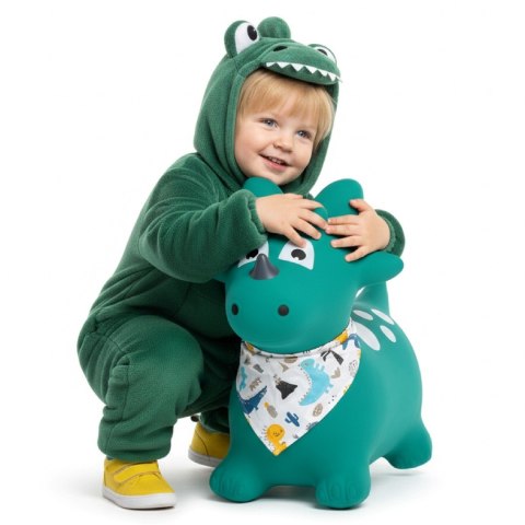 Skoczek gumowy dla dzieci DINO 59 cm zielony z bandaną do skakania z pompką